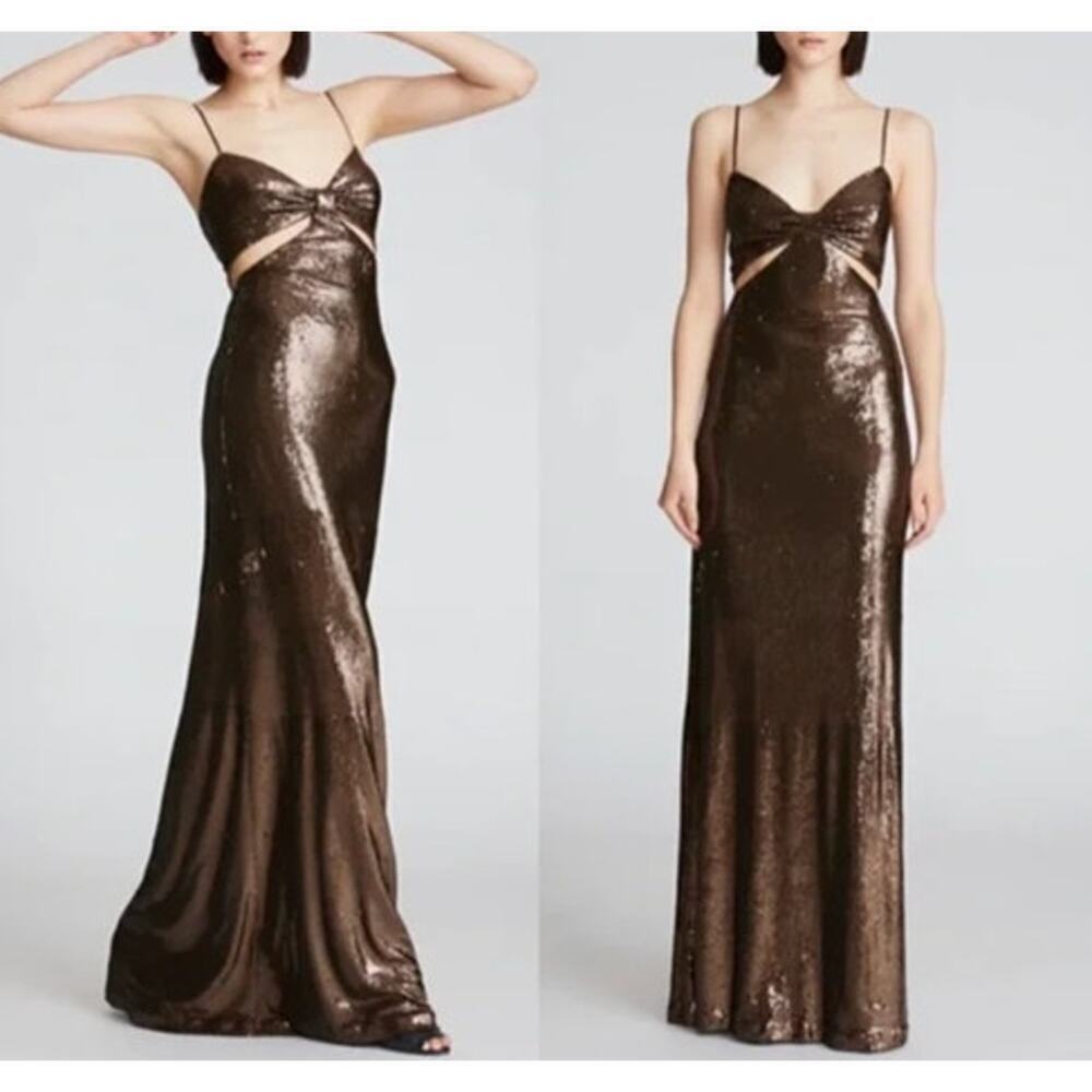 HALSTON Chloe Gown Maxi Dress in Sequins Espresso Brown Size 12